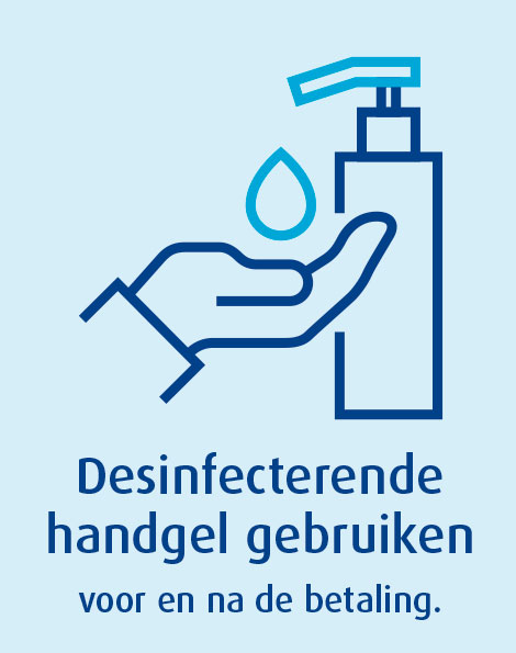 Desinfecterende handgel gebruiken voor en na de betaling.